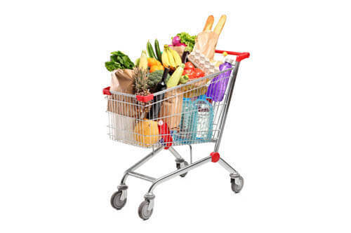 Fresh groceries in a shopping cart